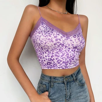 Waatfaak Dantela E-gril Stil Leopard de Imprimare Spaghetti Top Violet Sexy Backless Streetwear Drăguț Roz Crop Top pentru Femei Camis Y2K Topuri