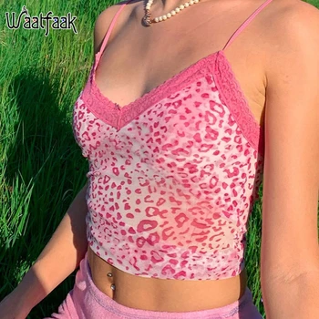 Waatfaak Dantela E-gril Stil Leopard de Imprimare Spaghetti Top Violet Sexy Backless Streetwear Drăguț Roz Crop Top pentru Femei Camis Y2K Topuri