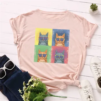 Plus Dimensiune S-5XL Noi Cat de Imprimare Tricouri Femei din Bumbac Tricou O Gâtului Maneca Scurta de Vara Tricou Femei T-Shirt Femei Top