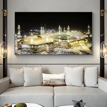 Mecca Moscheea Orașului Vedere de Noapte Panza Picturi Pe Perete Artă Islamică Postere Si Printuri Artei Musulmane Imagini Decorative Cuadros