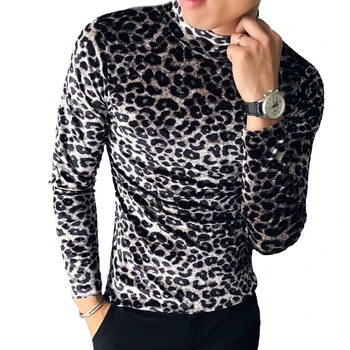 Leopard de Catifea T Camasa Barbati Maneca Lunga Casual Slim Fit Tricou Vintage jumătate Guler Om Streetwear club Topuri Tricouri Îmbrăcăminte