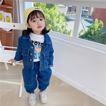 Fata Frumos Rece Scule Denim Costum coreeană Haine Copii Baieti Fete Primăvară Toamnă Single-breasted cu Maneci Lungi Pantaloni Costume Set