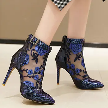 Femei Primavara-Vara Glezna Cizme De Moda De Imprimare A Subliniat Toe Pantofi Femei Cu Toc Subtire Cataramă De Închidere Cu Fermoar Femeie Cizme Negru Albastru Verde