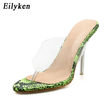 Eilyken Moda de Vara Verde Serpentine Papuci de casă Sexy din PVC Transparent de Înaltă Tocuri de Cristal Petrecere Papuci Flip-Flops Pantofi marimea 42