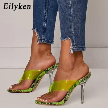 Eilyken Moda de Vara Verde Serpentine Papuci de casă Sexy din PVC Transparent de Înaltă Tocuri de Cristal Petrecere Papuci Flip-Flops Pantofi marimea 42