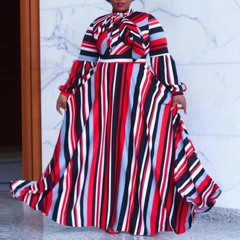 African Plus Dimensiunea Rochie de 4XL 5XL Femei Rosu cu Dungi cu Maneci Lungi Etaj Lungime Vrac Talie Mare de Toamnă de Seara Elegante Vestidos Fierbinte