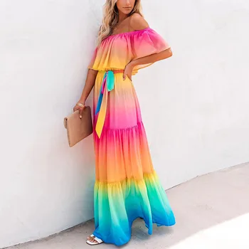 Vara Femei De Pe Umăr Tie Dye Color Maxi Rochie Eleganta Rochie De Șifon Curea Volane Maxi De Seara Lungi Rochii De Plaja Sundress