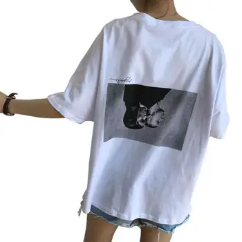 Zuolunouba 2018 Vara Femei T Shirt Desene animate Bf Stil de Imprimare Jumătate Batwing Maneca Lunga T-shirt Casual din Bumbac Tricouri Topuri de sex Feminin