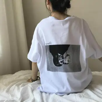 Zuolunouba 2018 Vara Femei T Shirt Desene animate Bf Stil de Imprimare Jumătate Batwing Maneca Lunga T-shirt Casual din Bumbac Tricouri Topuri de sex Feminin