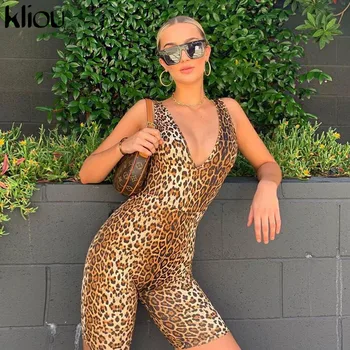 Kliou 2020 primăvară nouă Leopard salopete femei stretch Slim scurt sexy V-neck salopete casual de Bază jogging Active Wear mujer