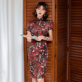De Vară 2020 Nouă Epocă Îmbunătățit Stil Chinezesc Cheongsam Fusta Scurta Subțire Elegant Florale Casual Qipao Plus Dimensiune 3XL 4XL
