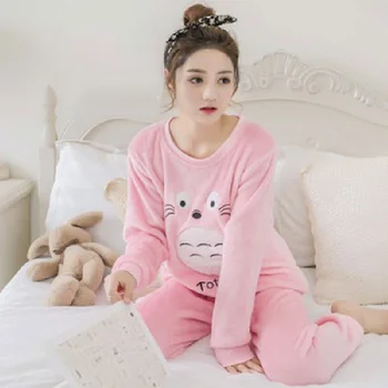 Maneca Lunga Femei Pijama Set De Desene Animate Totoro Imprimare Cald Iarna Flanel Gros Pijamale Stabilit O De Gât Coral Catifea Femei Uzura De Somn