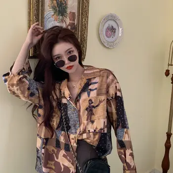 Bluze Tricouri Femei Imprimate Vrac Streetwear BF Epocă Elevii Chic de Primavara Toamna Kpop Moda cu Maneci Lungi Șifon petrecere a timpului Liber