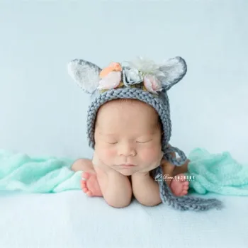 Mână Tricotate bonetica pălărie de flori recuzită fotografie Nou-născut Bunny urs capota