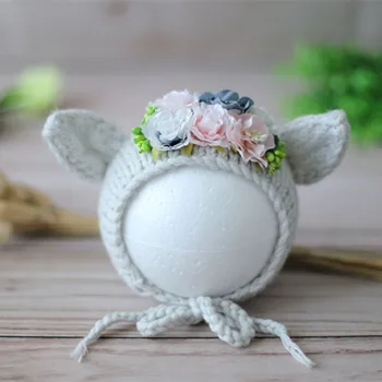 Mână Tricotate bonetica pălărie de flori recuzită fotografie Nou-născut Bunny urs capota