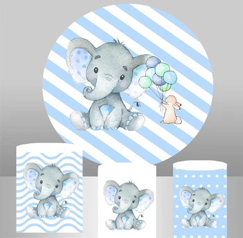 Cercul rotund fundal copil de dus dungi albastre elefant drăguț fundal băiat ziua de nastere partid decor bomboane masă tesatura YY-266