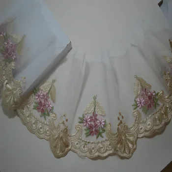 2yds 18cm Transparent tifon lumina margine de aur roz cu Broderii florale DIY dantelă de ornamente pentru articole de îmbrăcăminte și decor de nunta