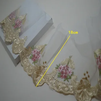 2yds 18cm Transparent tifon lumina margine de aur roz cu Broderii florale DIY dantelă de ornamente pentru articole de îmbrăcăminte și decor de nunta