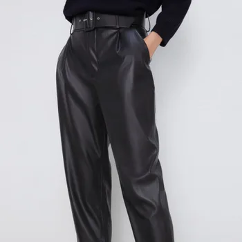 2020 Noua Moda Toamna Iarna Femei Talie Mare Negru Faux din Piele Pantaloni Doamna PU Liber Creion Pantaloni Elegant Buzunar Streetwear