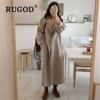 RUGOD Epocă solid haină de lână lung 2019 Moda auturm cald iarna Cașmir uza de sex feminin Casual, guler de turn-down liber Uza