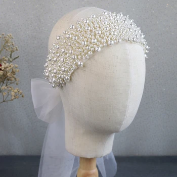 Femeile De Nunta Lucrate Manual, Ștrasuri Din Mărgele Largă Bentita De Mireasa Plin Imitație Pearl Hairband Plasă De Panglică Lanțul De Bijuterii Frizură