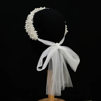 Femeile De Nunta Lucrate Manual, Ștrasuri Din Mărgele Largă Bentita De Mireasa Plin Imitație Pearl Hairband Plasă De Panglică Lanțul De Bijuterii Frizură