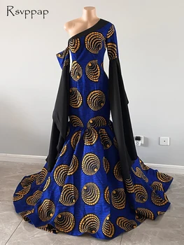 Adevarata Proba Rochii De Seara Lungi 2021 Sirena Cu Maneci Lungi Albastru Regal Bumbac Imprimat De Aur African Femei Rochii Formale