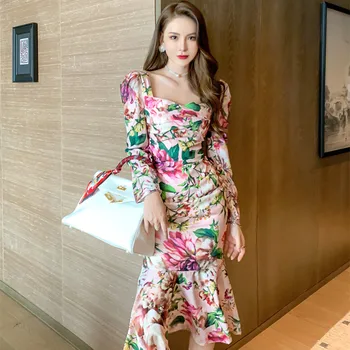 2021 Nou Toamna Iarna Stil coreean Streetwear Midi Trompeta Teaca Retro Folie de flori de Cauzalitate Femei cu Maneci Lungi Rochie Eleganta
