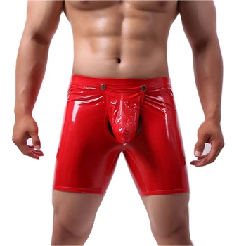Sexy Wetlook Boxeri pentru Bărbați Faux din Piele Lenjerie Pantaloni scurți Strălucitoare Boxershorts Masculi Detașabil Penis Husă Trunchiuri Clubwear Noi