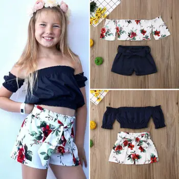 Copii pentru Copii Copilul Fata de Flori de Pe Umăr Topuri de Cultură Bandajat pantaloni Scurți, Costume Sunsuit Stil Nou Haine Fete Set 1-6Y