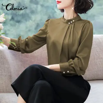 Celmia Femei Vintage Topuri si Bluze 2021 Casual cu Maneci Lungi Vrac Slik de Satin, Margele Camasi Elegante de Birou Solid Blusas Feminina