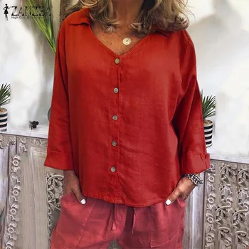 ZANZEA Toamna Elegant V Gât Lenjerie de pat din Bumbac Bluza Femei cu Maneci Lungi Butoanele de Jos Tricoul Halat Femme Solid Blusas Femininas Topuri 5XL
