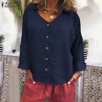 ZANZEA Toamna Elegant V Gât Lenjerie de pat din Bumbac Bluza Femei cu Maneci Lungi Butoanele de Jos Tricoul Halat Femme Solid Blusas Femininas Topuri 5XL