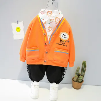 Moda Copil baietel de Îmbrăcăminte Set Nou 2021 Primăvară Maneca Lunga Cardigan Strat +Tricou +Pantaloni 3PCS pentru Copilul Tinuta 1 2 3 4 Ani