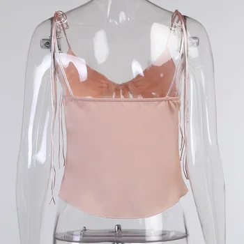 Dantelă Sus Backless Sexy Satin Moale Crop Top Arc Solid Moda Slim Rezervor Topuri Pentru Femei Low Cut V Gâtului Fără Mâneci Roz Camis 2021