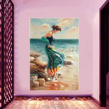 Pictat manual Abstracte de Arta pe Panza Pictura in Ulei Figura Femeie de Mers pe jos pe Plajă, Acasă Decorare Cadou Unic