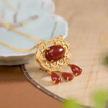 Naturale de sud roșu turmalina tassel Pandantiv Colier China Retro stil palat scobite de lux nobil femei bijuterii de argint