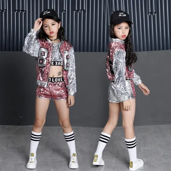 Stil Coreean Grupa De Copii De Fete De Elevi Sala De Jazz Costume De Dans Hip Hop Street Wear Ochii Mari Sequin Jacheta Haine Set