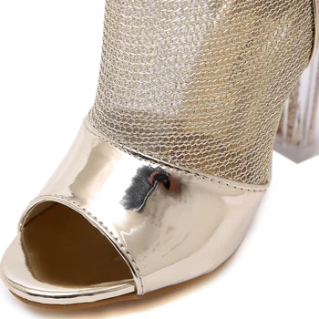 Noul Brand Femei Cizme De Vara Peep Toe Cristal De Înaltă Tocuri De Aur Ochiurilor De Plasă Respirabil Glezna Cizme Pentru Femei Zip Petrecere Cizme Pantofi De Vara 40