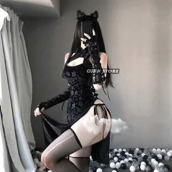 Sexy Cosplay Costum Negru Cheongsam Anime Erotice Doamnelor Rochie Babydoll Femei Dantela Tinuta Fancy Slim Fit Piept Deschis Uniformă