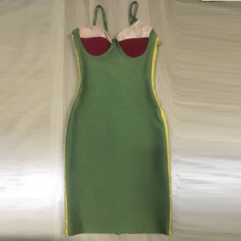 Bandaj femei rochii Verde Celebritate Mozaic femei Spaghete Curea mini Strada bodycon simplu franceză Rochie vestidos