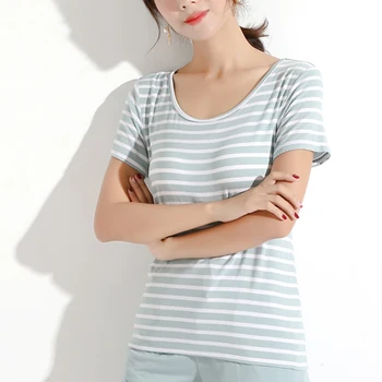 Femei T-Shirt-uri Built-in Sutien Căptușit Elastic Modal Topuri Tricouri Maneca Scurta Dungă Sexy Casual coreean Vara SA0068