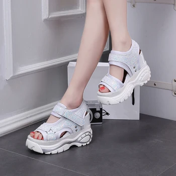 Bling Femei Sandale Papuci Slide-Uri De Vară Adidași Pene Platforma Femei Pantofi Lift Ultra High Heels Sandalia Mujer