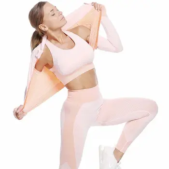 Fitness Costume de Yoga pentru Femei Costume 3pcs Seturi Camasa cu Maneca Lunga+Sport Sutien+fără Sudură Jambiere Antrenament Execută Îmbrăcăminte Sport Uzura,LF051