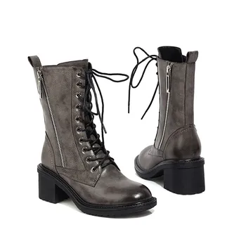 MORAZORA 2020 Noi de vânzare fierbinte femei pantofi cu toc patrat rotund toe dantela-up doamnelor pantofi de iarnă de culoare solidă glezna cizme negru gri