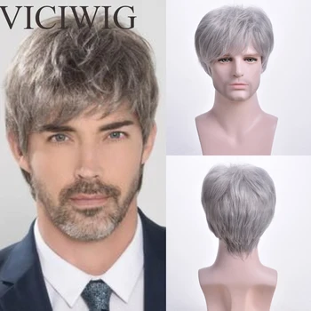VICWIG Bărbați Scurt Drept Peruca Gri Argintiu Peruca Sintetica pentru Păr de sex Masculin Fleeciness Realist Peruci Naturale