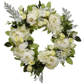 16 Inch Bujor Hortensie Coroană De Flori,Artificiale Bujor Coroană De Flori Ușa Coroană De Flori Cu Frunze Verzi De Primăvară Coronita Pentru Usa Din Fata,Nunta