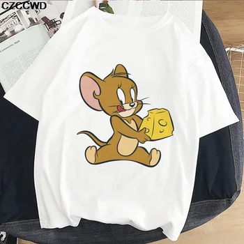 Noi Ulzzang Kawaii-a Șoarecele Și Pisica Imprimate T-shirt de Vara Lejere Casual cu mâneci Scurte de Desene animate Drăguț Top T-shirt Harajuku Feminin
