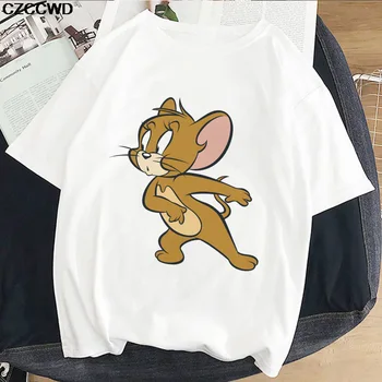 Noi Ulzzang Kawaii-a Șoarecele Și Pisica Imprimate T-shirt de Vara Lejere Casual cu mâneci Scurte de Desene animate Drăguț Top T-shirt Harajuku Feminin