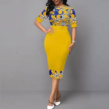 MISSJOY Femei toamna imprimare temperament pachet șold fusta de moda de cinci puncte mâneci talie mijlocie galben de navetiști rochie